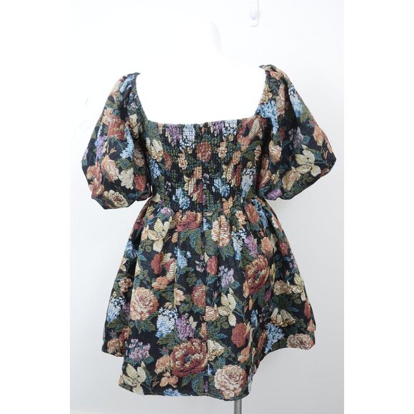 BOHME LaRuth Floral Brocade Short Puff Sleeves Pockets Smocked Mini Dress Size L - Picture 12 of 16